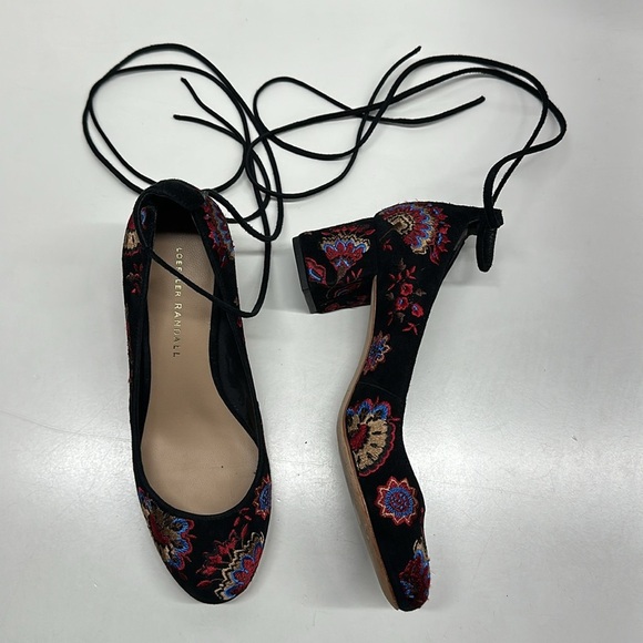 Loeffler Randall Clara Heels Embroidered Suede Ankle Tie Pumps Floral Black 6.5 - Picture 1 of 10